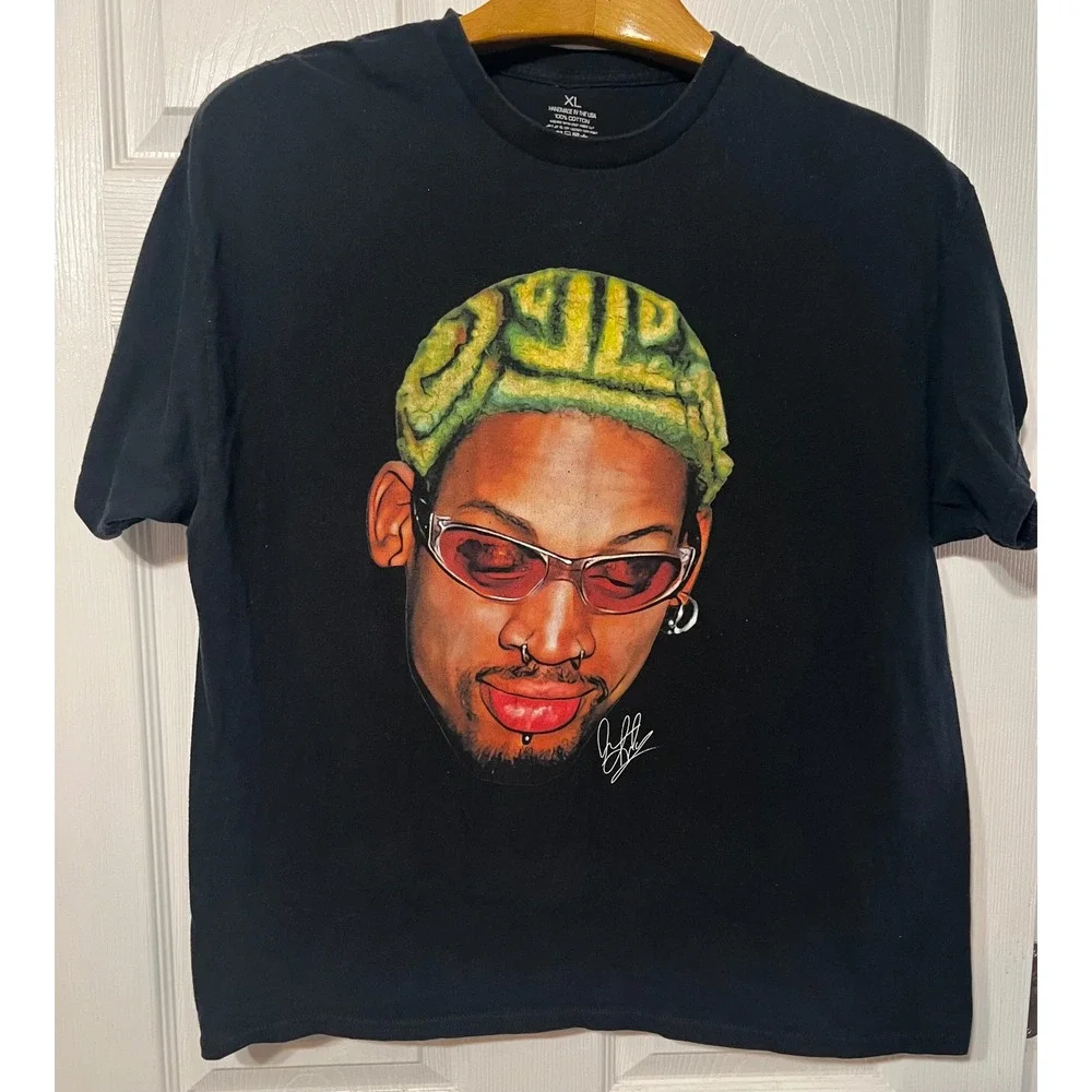Dennis Rodman Graphic T-Shirt‎ Black Cotton NBA Streetwear Mens XL Handmade USA